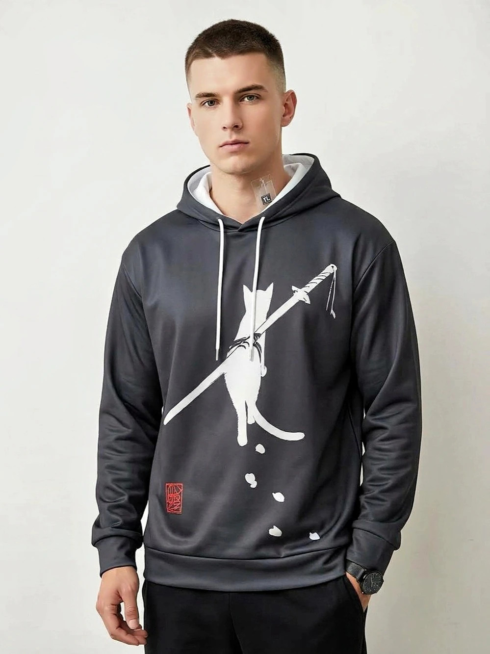 Japanese Samurai Cat Graphic Hoodie Size XL 25